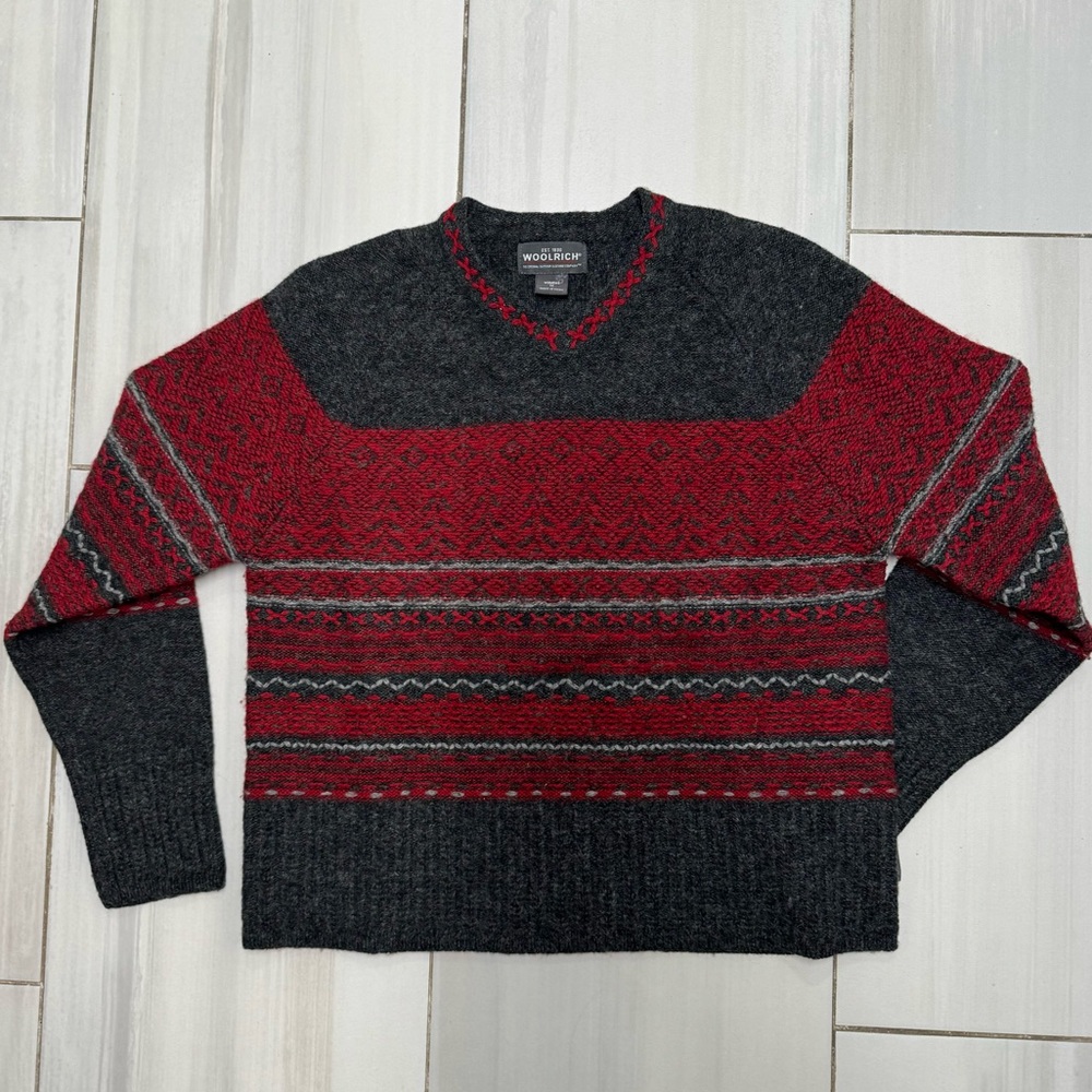 Woolrich Sweater Red Gray Charcoal Heather 100% Wool Womens Size M